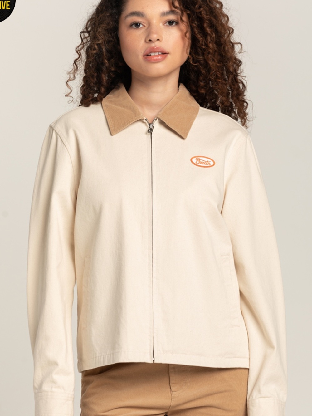 Brixton Cream Zip Jacket with Tan Corduroy Collar